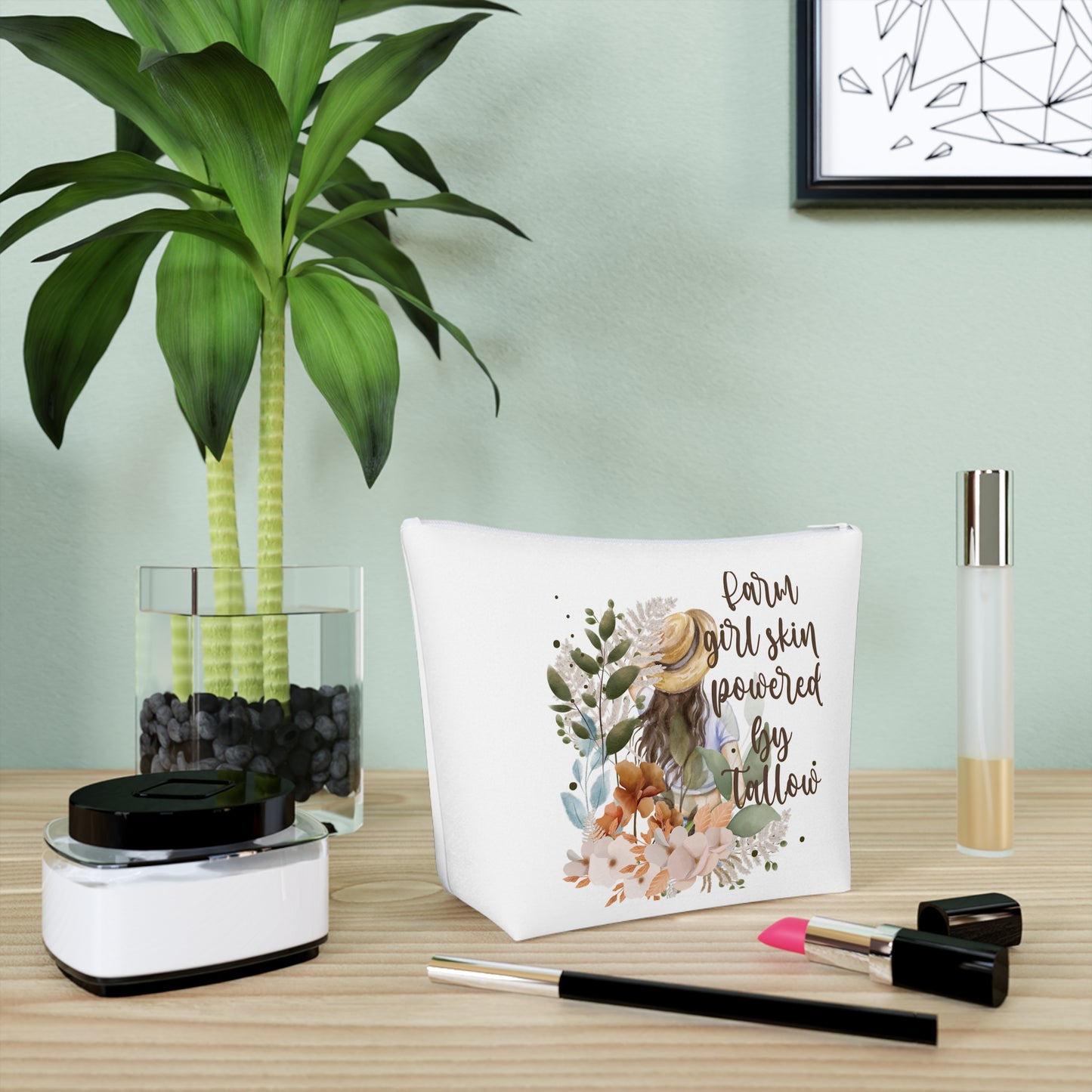Farm Girl Skin Powered by Tallow Cosmetic Bag, Makeup Organizer, Travel Pouch, Gift for Her, Floral Design