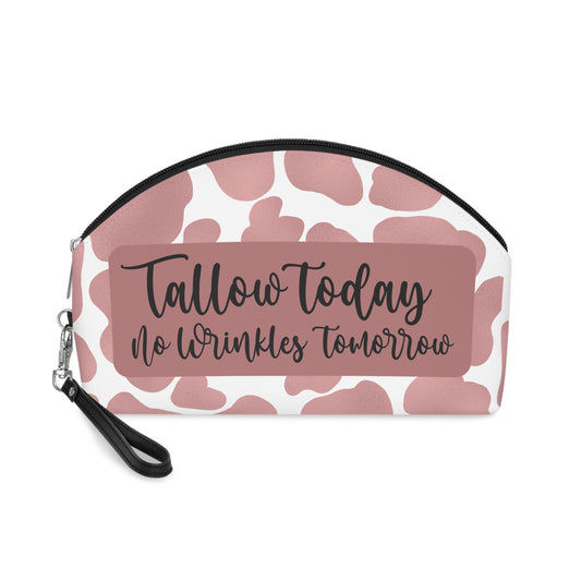 "Tallow Today, No Wrinkles Tomorrow” – Pink Cow Print Cosmetic Bag, Travel Bag, Makeup Bag, Skincare Bag